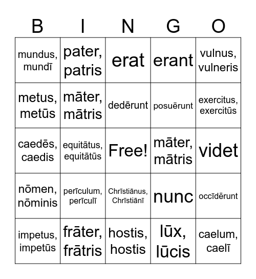 Henle Latin 1 Unit 1 Vocab #2 Bingo Card