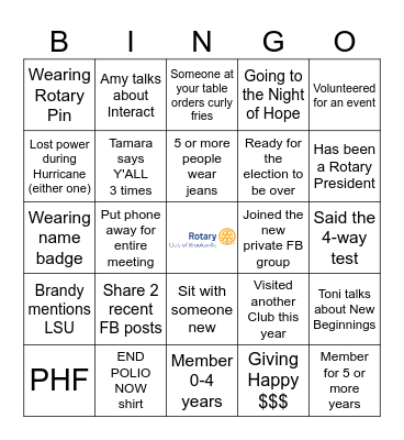 BVL Rotary Bingo Card
