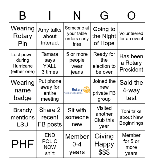 BVL Rotary Bingo Card