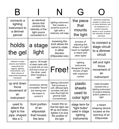 Lighting Bingo Card