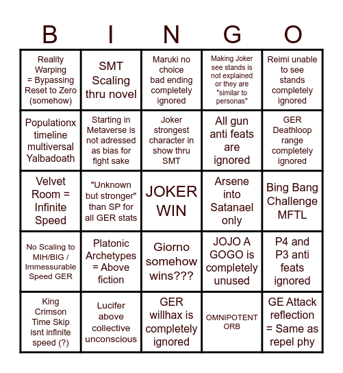 JOKER VS GIORNO Bingo Card