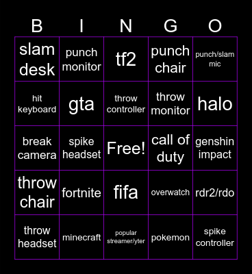 gamer rage bingo Card