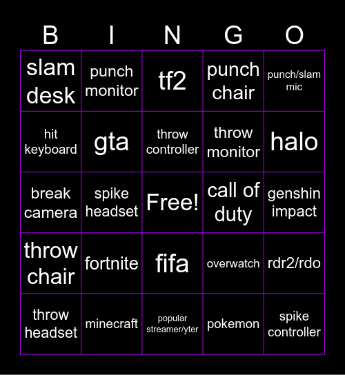 gamer rage bingo Card