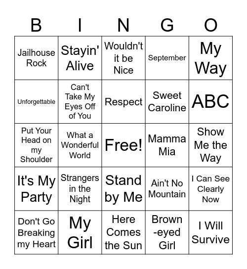 Oldies Song Bingo! Bingo Card