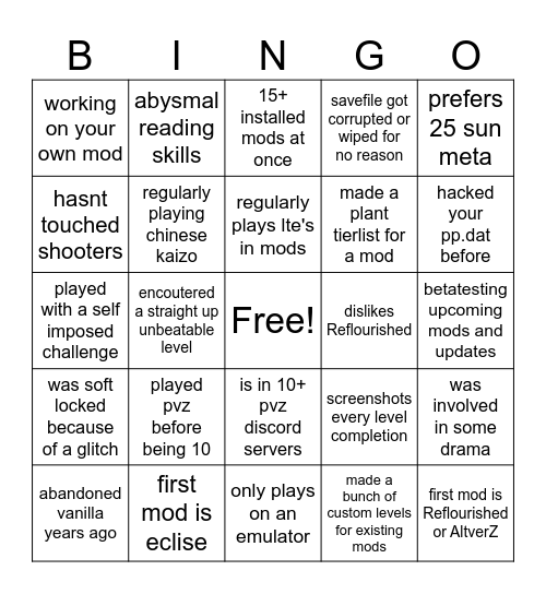 PvZ2 modding bingo Card