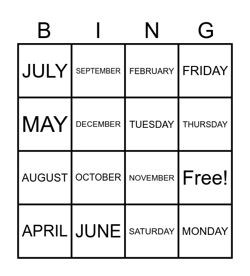 DAYS AND MONTHS OF THE YEAR Bingo Card