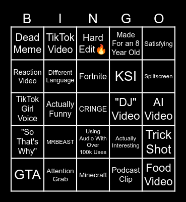 YouTube Shorts Bingo Card
