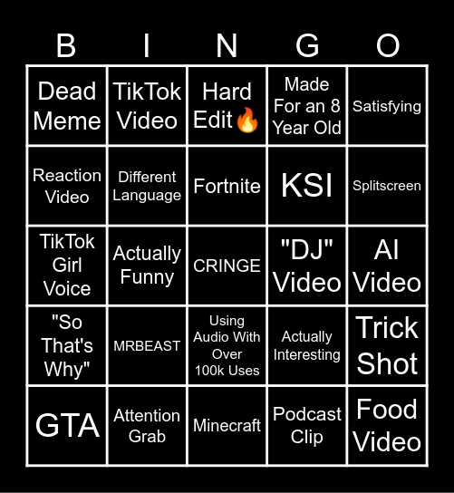 YouTube Shorts Bingo Card