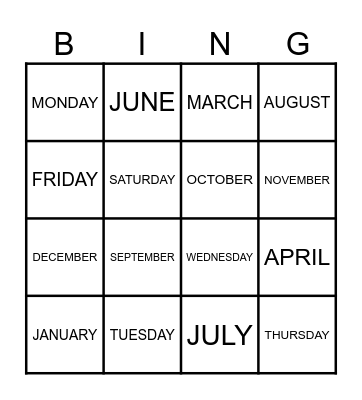 DAYS AND MONTHS OF THE YEAR Bingo Card