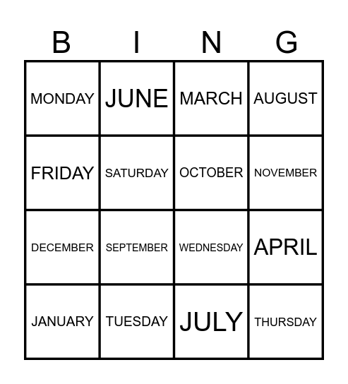 DAYS AND MONTHS OF THE YEAR Bingo Card