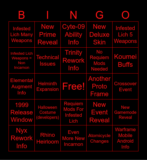 October 2024 Warframe Devstream Bingo Card