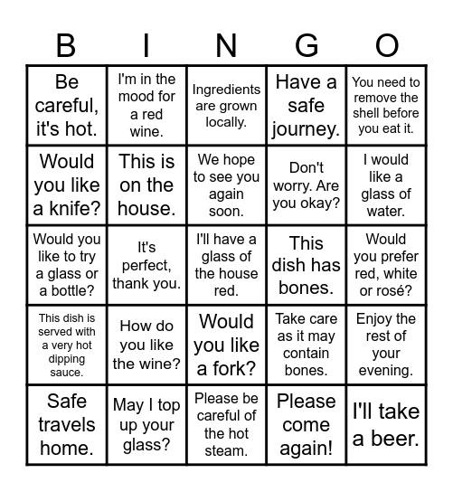 Restaraunt Bingo Card