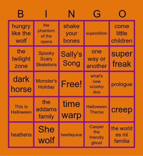 Halloween Music Bingo Card