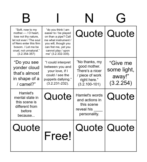 Hamlet Lesson 8 - Act 3, Scene 2 Bingo Card