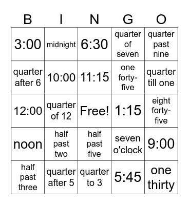 Telling Time Bingo Card