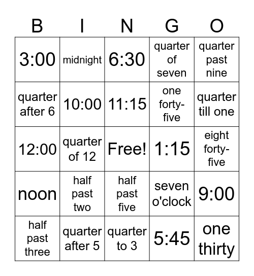 Telling Time Bingo Card