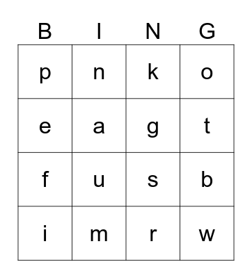 lowercase letters Bingo Card