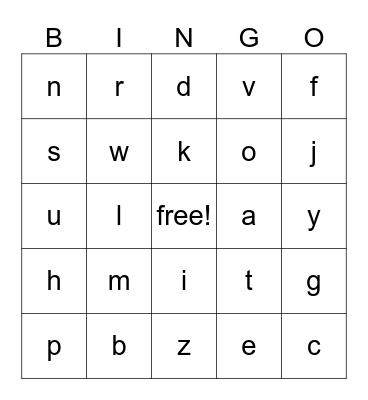 lowercase letters Bingo Card