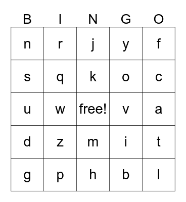 lowercase letters Bingo Card