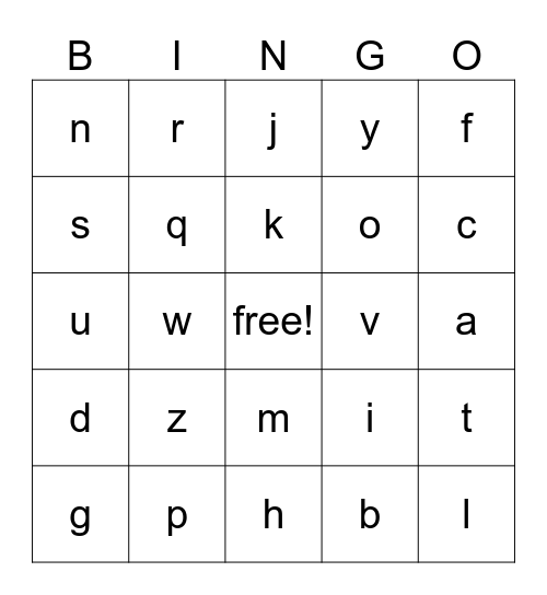 lowercase letters Bingo Card