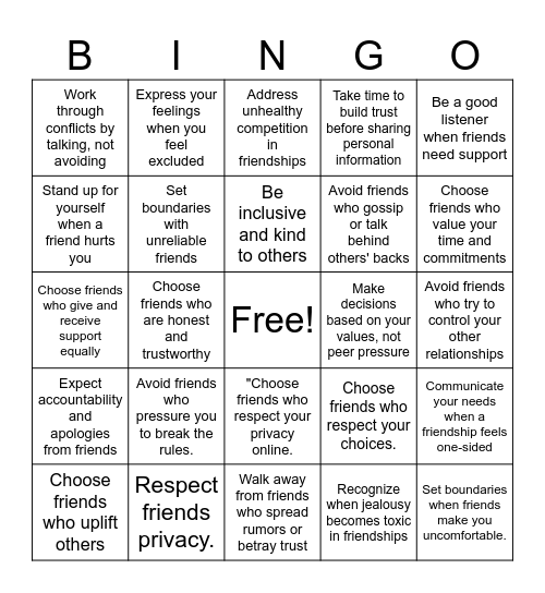 Social Skills Bingo Card