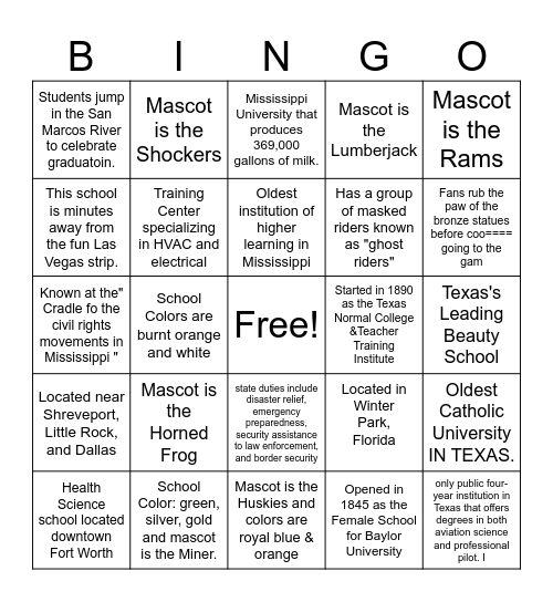 College Fair BINGO Card