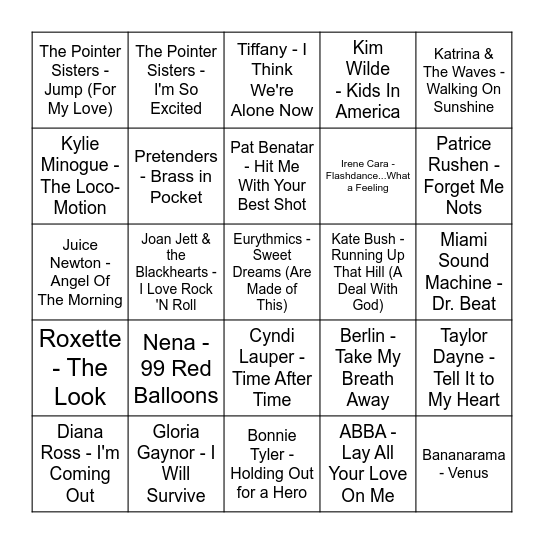 Ladies of the 80's Bingo Card