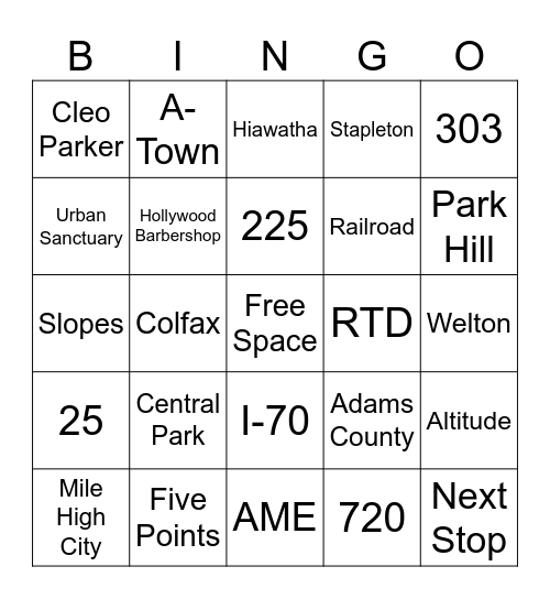 Destination Denver Bingo Card