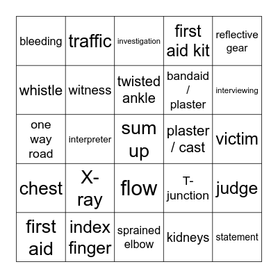 Police vocabulary: First Aid, Traffic Bingo Card