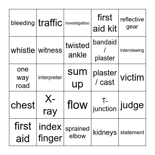 Police vocabulary: First Aid, Traffic Bingo Card