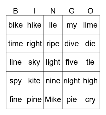 Long vowel i Bingo Card