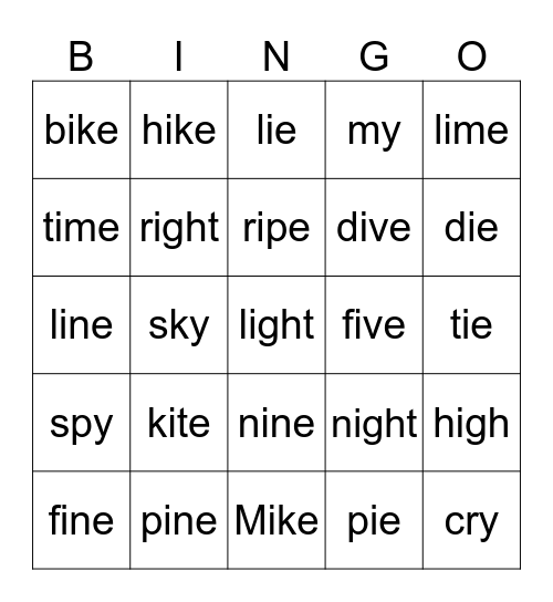 Long vowel i Bingo Card