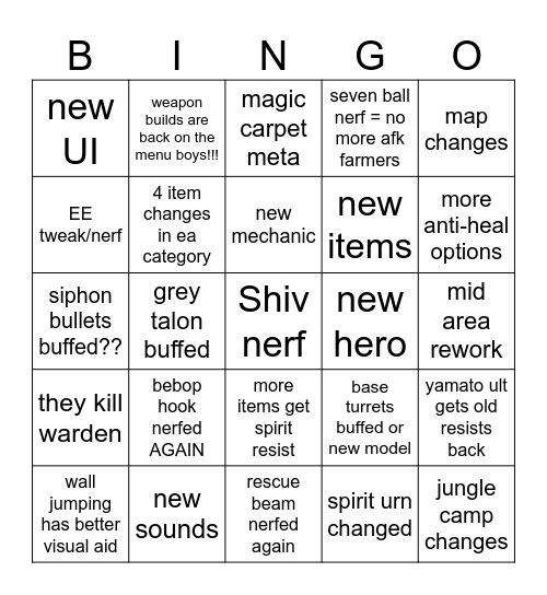 Deadlock Update Bingo Card