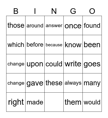 Sight Words Bingo Card
