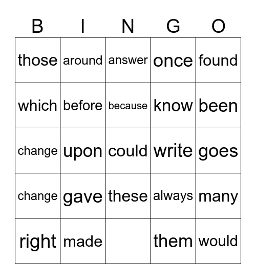 Sight Words Bingo Card