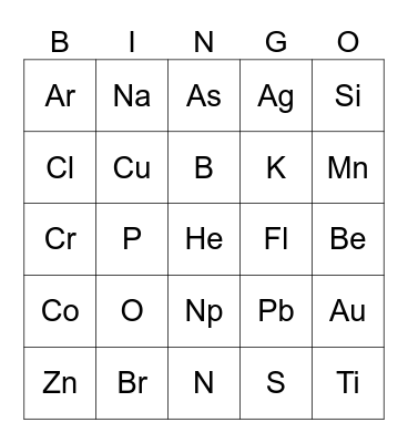 Periodic Table of Elements Bingo Card