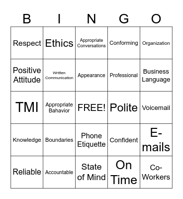 Professionalism Bingo Card