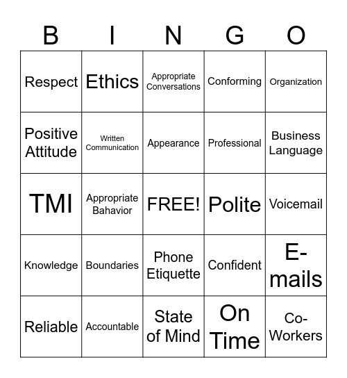 Professionalism Bingo Card