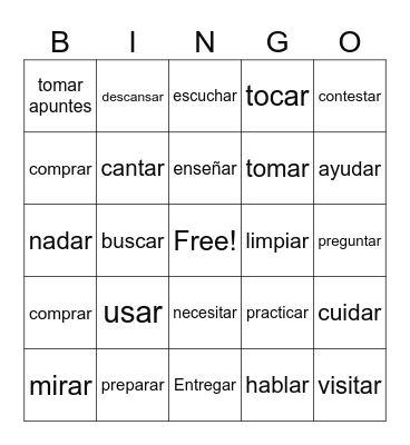 -ar verbs Bingo Card