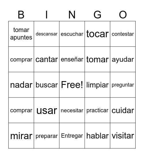 -ar verbs Bingo Card