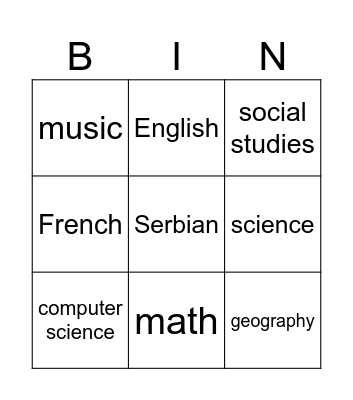 School Subjects Bingo Card