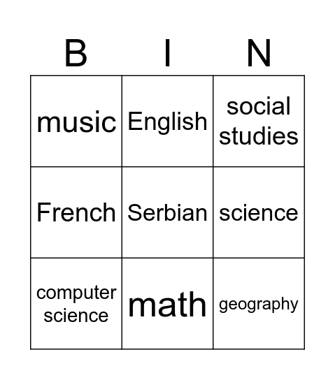 School Subjects Bingo Card