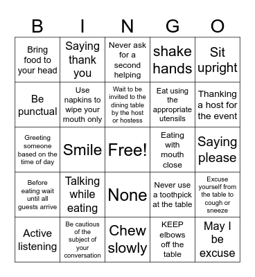 Social Graces and Etiquette Bingo Card