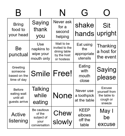 Social Graces and Etiquette Bingo Card