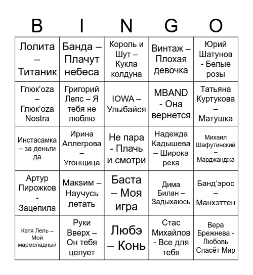 Музыкальное Bingo Card