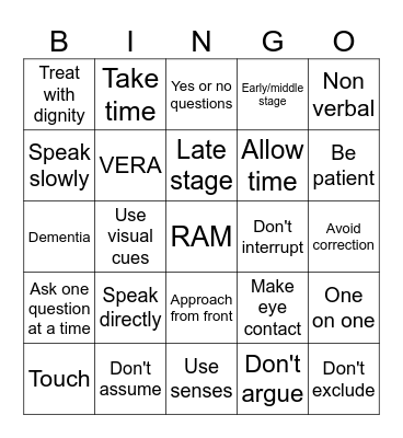 Communication & Dementia Bingo Card