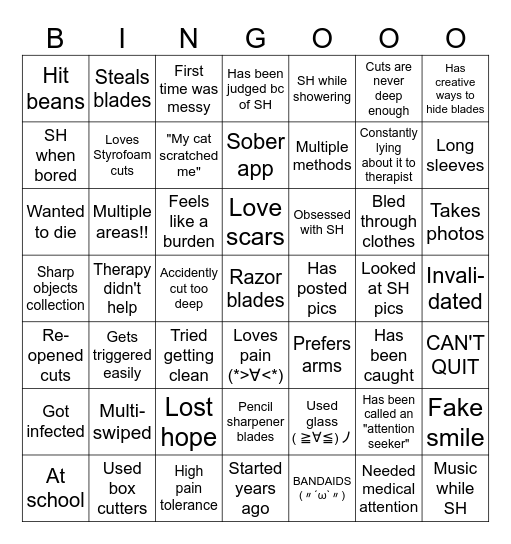 Self harm BINGO!!! Bingo Card