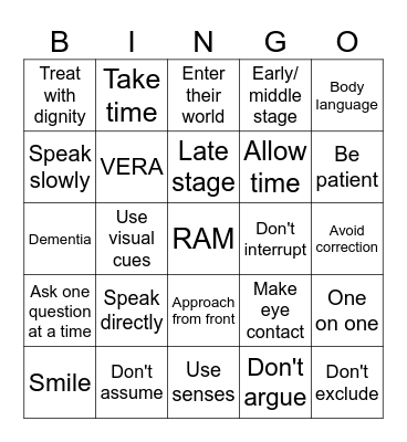 Communication & Dementia Bingo Card