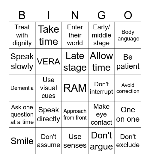 Communication & Dementia Bingo Card