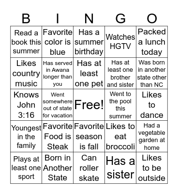 Getting To Know You Bingo Card